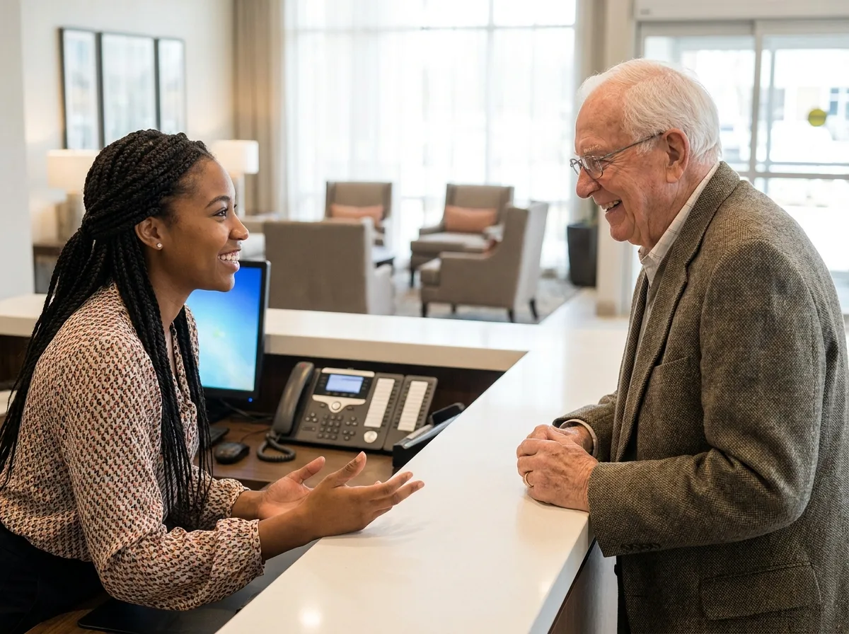 Assisted living staff answering a call at the front desk